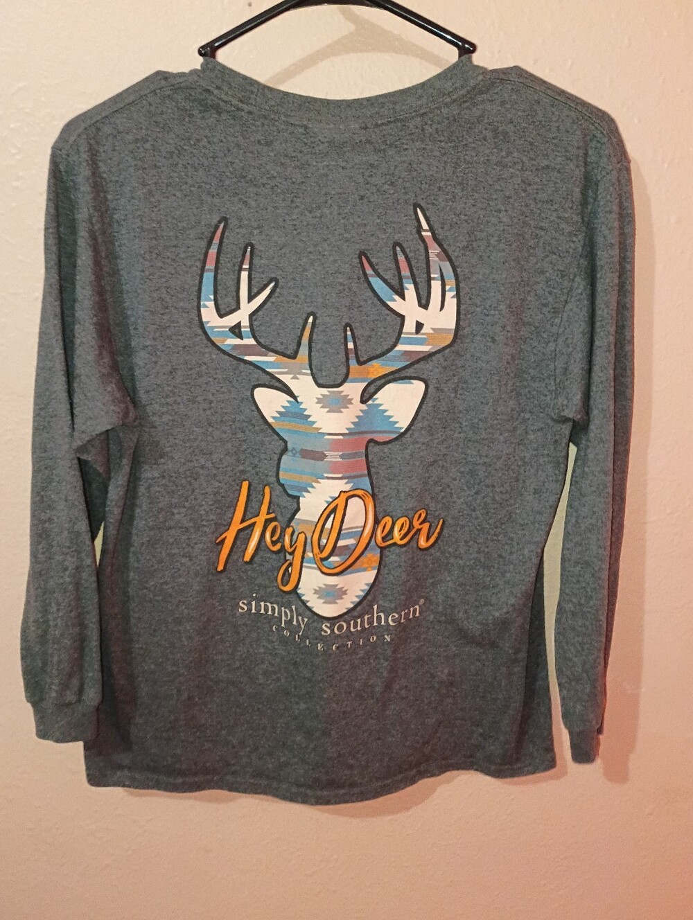 Boys Size Large Simply Southern Gray Long-Sleeve Tee with Patterned Deer Graphic